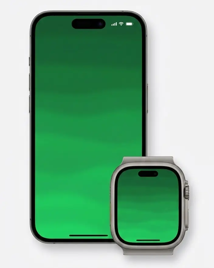 A promotional hero mockup for the Current ambient focus timer app landing page, featuring a side-by-side view of the iPhone 16 Pro and Apple Watch Ultra 2. Both devices display the app's signature full-screen green gradient wave interface, evoking a calm, flowing focus timer experience without visible numbers.